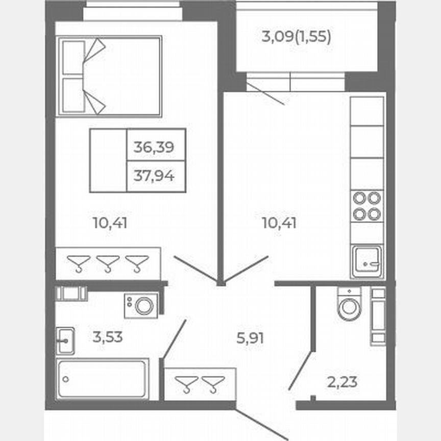 1-к. квартира, 36,4 м², 2/4 эт.