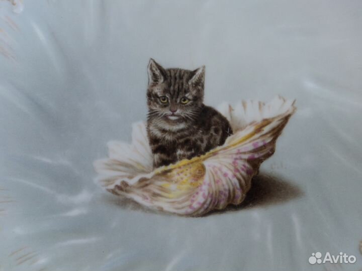 Старинная настенная фарфоровая тарелка Котик