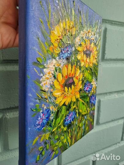 Картина маслом подсолнухи васильки цветы