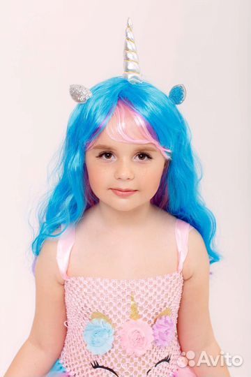 Парик единорога разноцветный с рогом и ушками