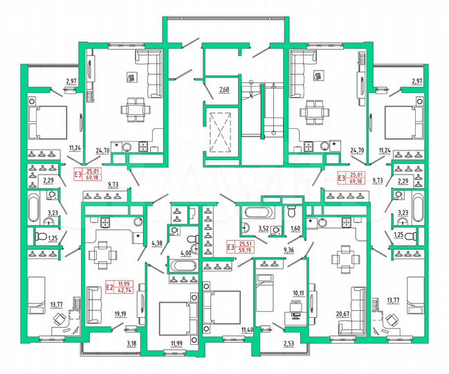 2-к. квартира, 69,2 м², 9/25 эт.