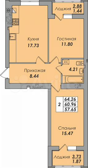 2-к. квартира, 64,3 м², 7/8 эт.