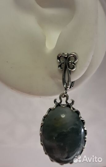 Серьги и кольцо 19 моховой агат серебрение