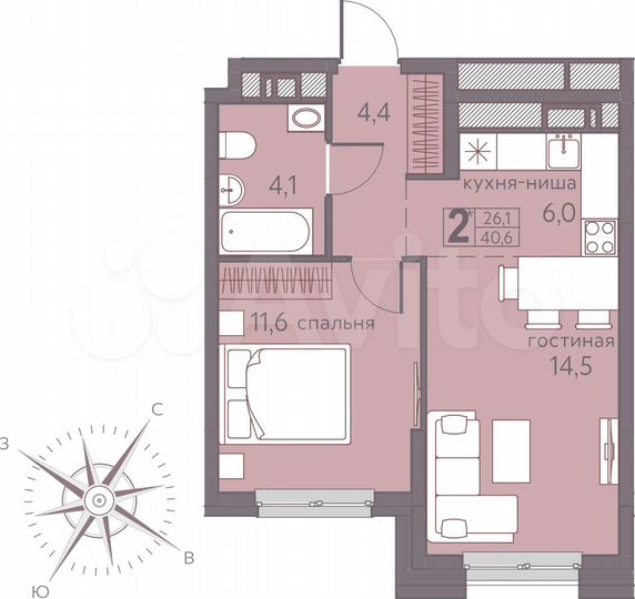 2-к. квартира, 40,6 м², 5/22 эт.