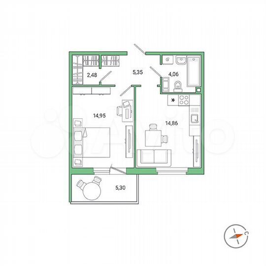 1-к. квартира, 43,3 м², 5/9 эт.