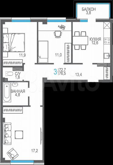 3-к. квартира, 76,5 м², 2/9 эт.