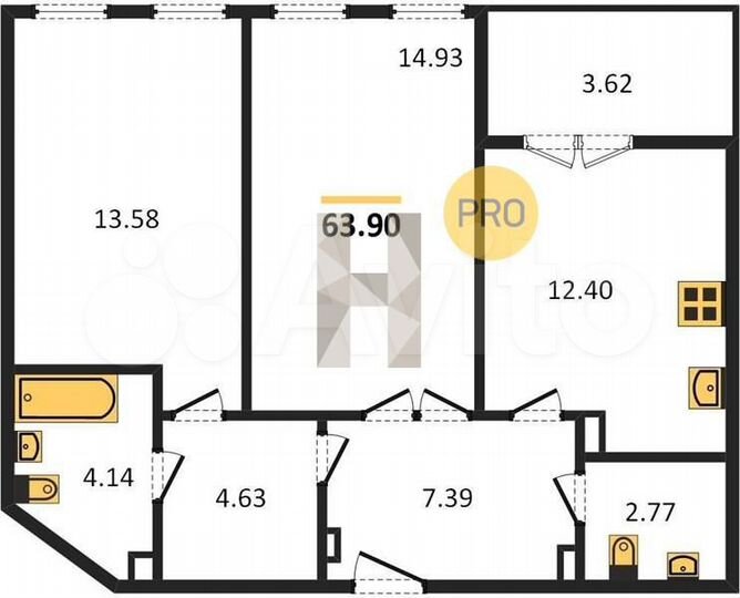 2-к. квартира, 63,9 м², 4/25 эт.