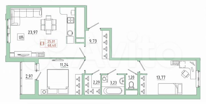 2-к. квартира, 68,4 м², 17/25 эт.