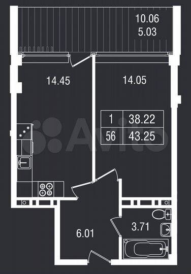 1-к. апартаменты, 43,3 м², 5/8 эт.