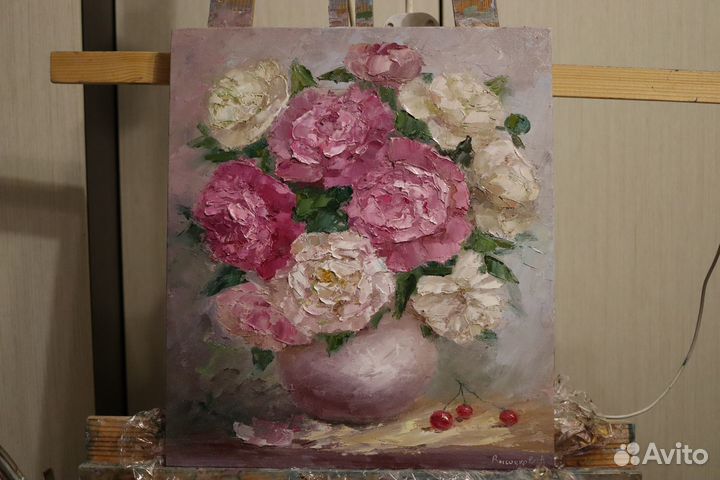 Картина маслом Цветы Пионы 35х40см холст картон