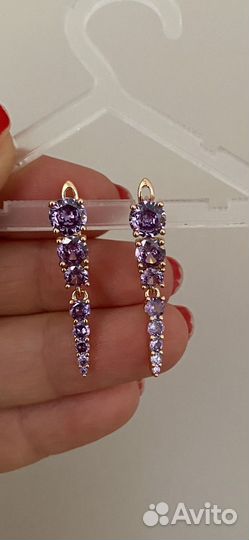Серьги покрытие золото 585 проба фиолет циркон