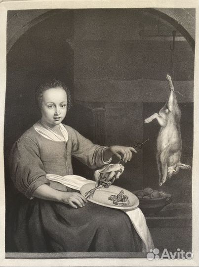 Гравюра старинная «Повар» 19 век кухарка