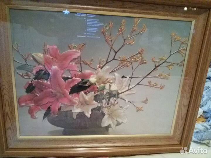 Картина, обьемные цветы, стекло. новая