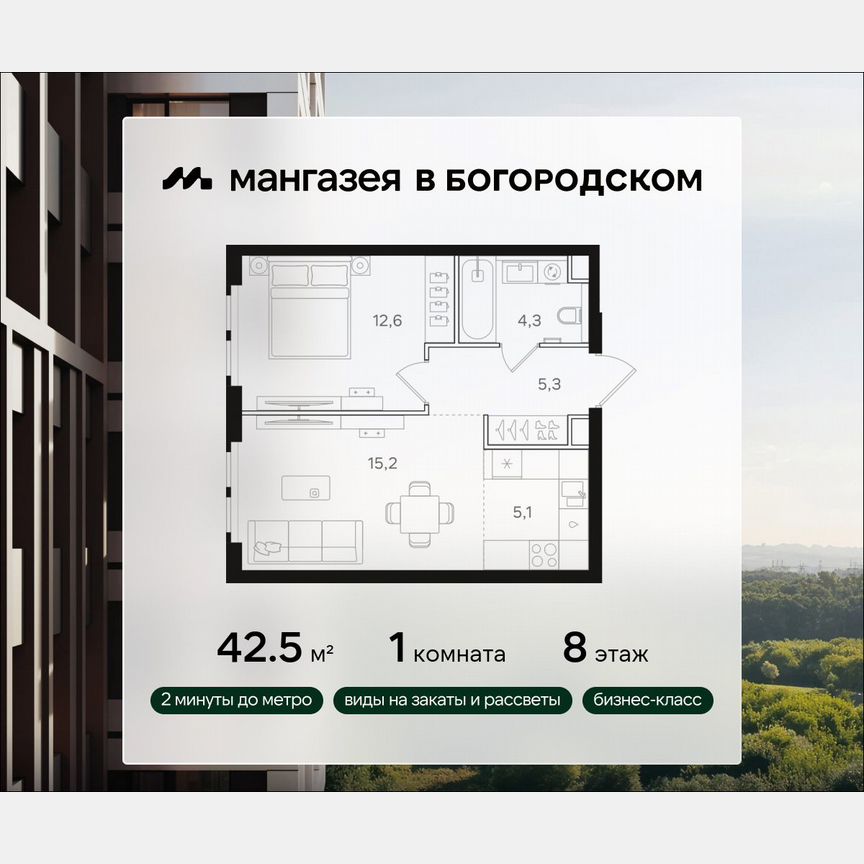 1-к. квартира, 42,5 м², 8/25 эт.