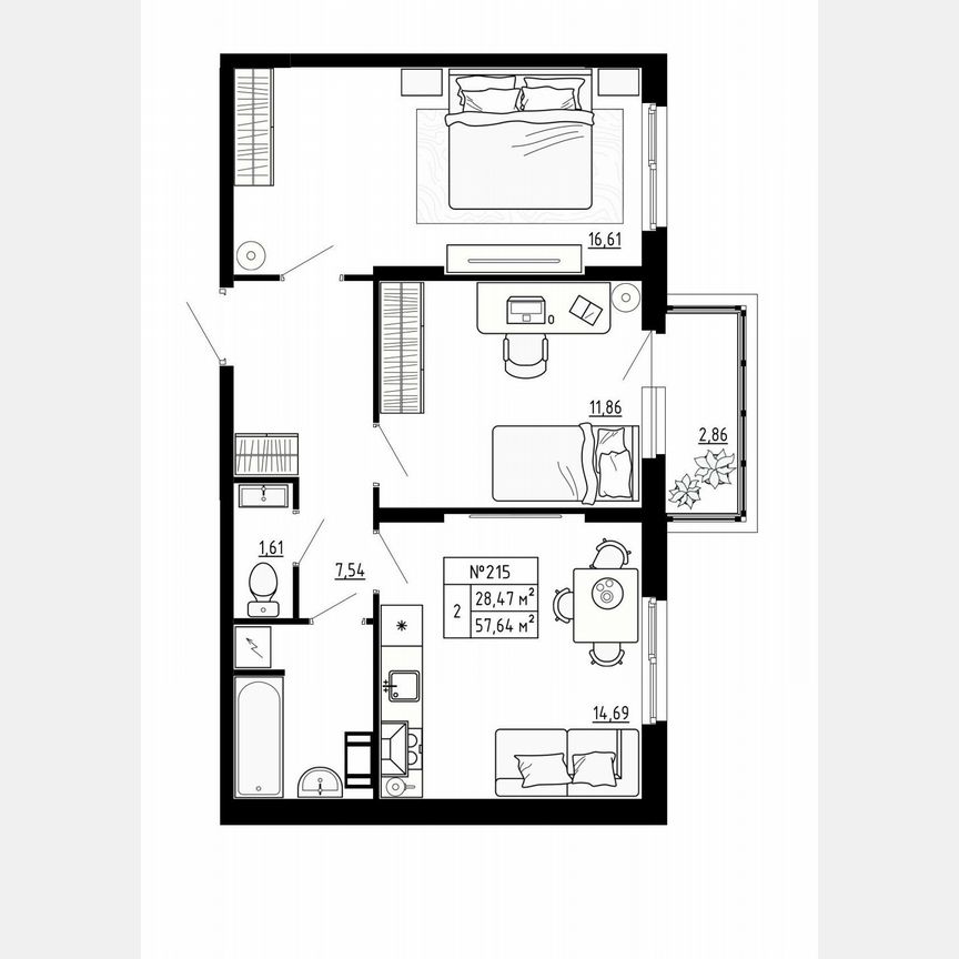 2-к. квартира, 57,6 м², 4/4 эт.
