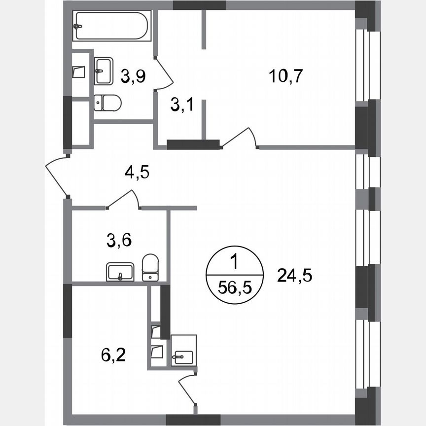 1-к. квартира, 56,5 м², 2/20 эт.