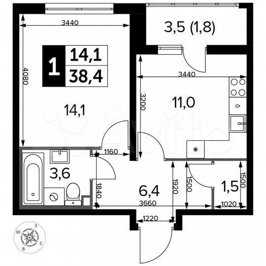 1-к. квартира, 38,4 м², 22/24 эт.