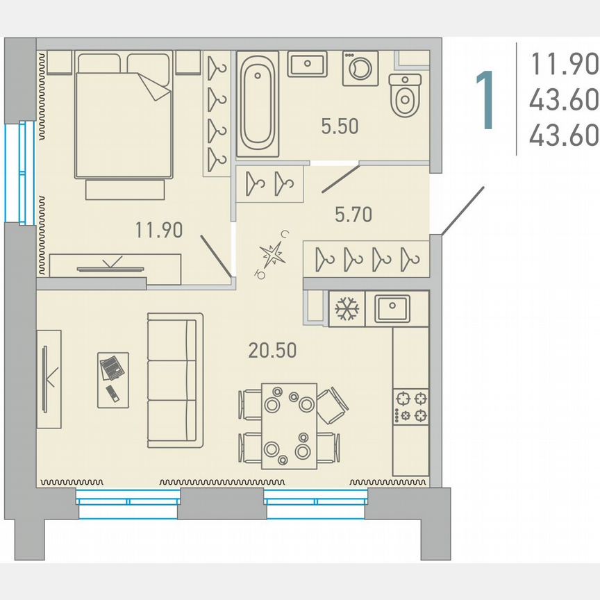 1-к. квартира, 43,6 м², 2/16 эт.