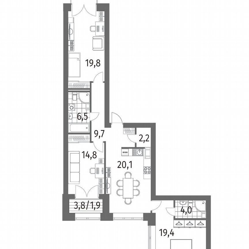 3-к. квартира, 98,4 м², 13/13 эт.