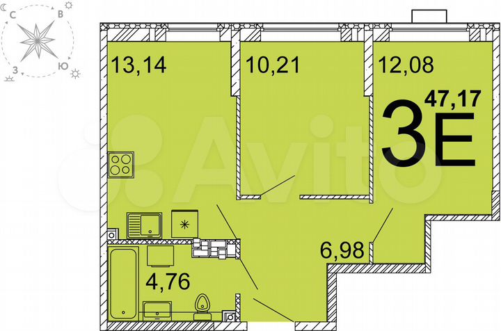 2-к. квартира, 47,3 м², 3/15 эт.
