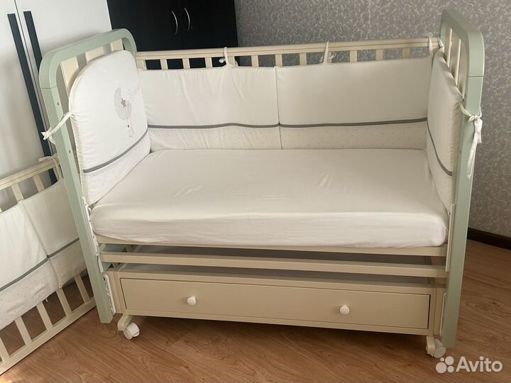 Детская кровать c ящиком, фисташка-ваниль+матрас