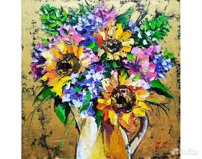 Картина маслом на холсте цветы подсолнухи 33/33 см