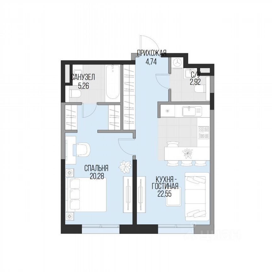 1-к. квартира, 55,8 м², 2/6 эт.