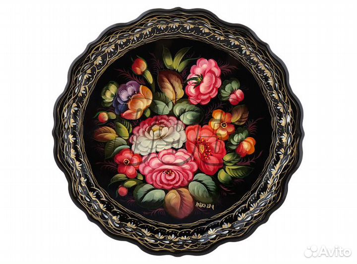 Поднос жостовский Розы на чёрном (круг) (35753)