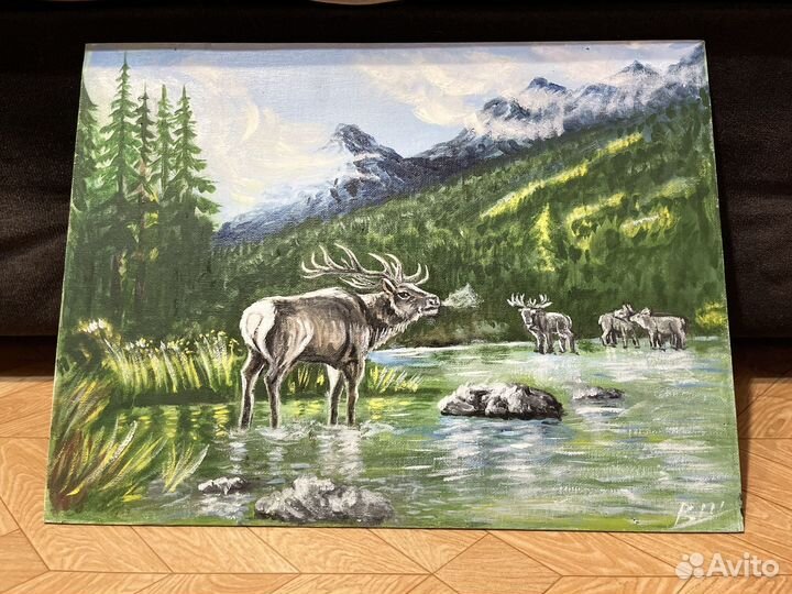 Картина маслом на холсте 30 x 40 Олень в тайге
