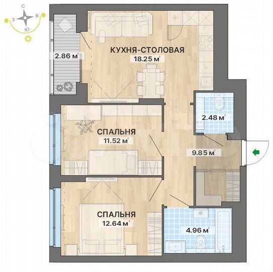 2-к. квартира, 62,6 м², 19/29 эт.