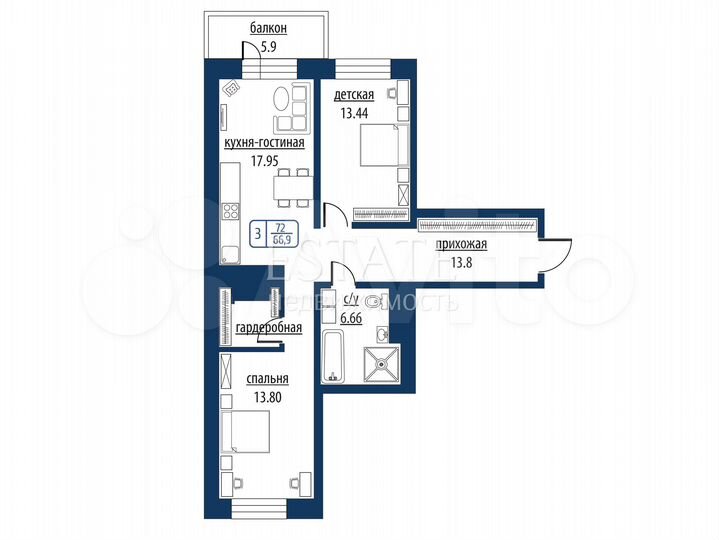 3-к. квартира, 71,4 м², 19/19 эт.