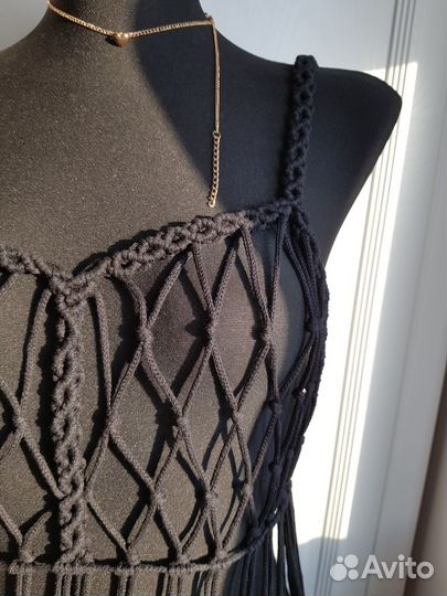 Летнее чёрное платье бохо макраме