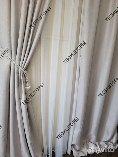 Шторы блэкаут под лен кремовые на ленте