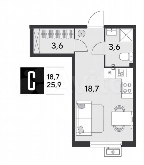 Квартира-студия, 25,9 м², 2/9 эт.