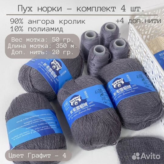Пряжа Пух норки. Набор 4 моточка. Цвет Графит