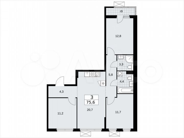 3-к. квартира, 75,6 м², 7/17 эт.