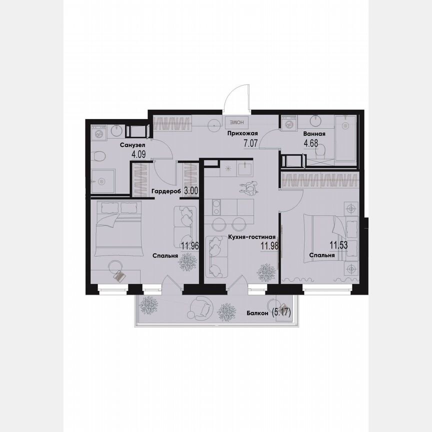 2-к. квартира, 55,9 м², 12/12 эт.
