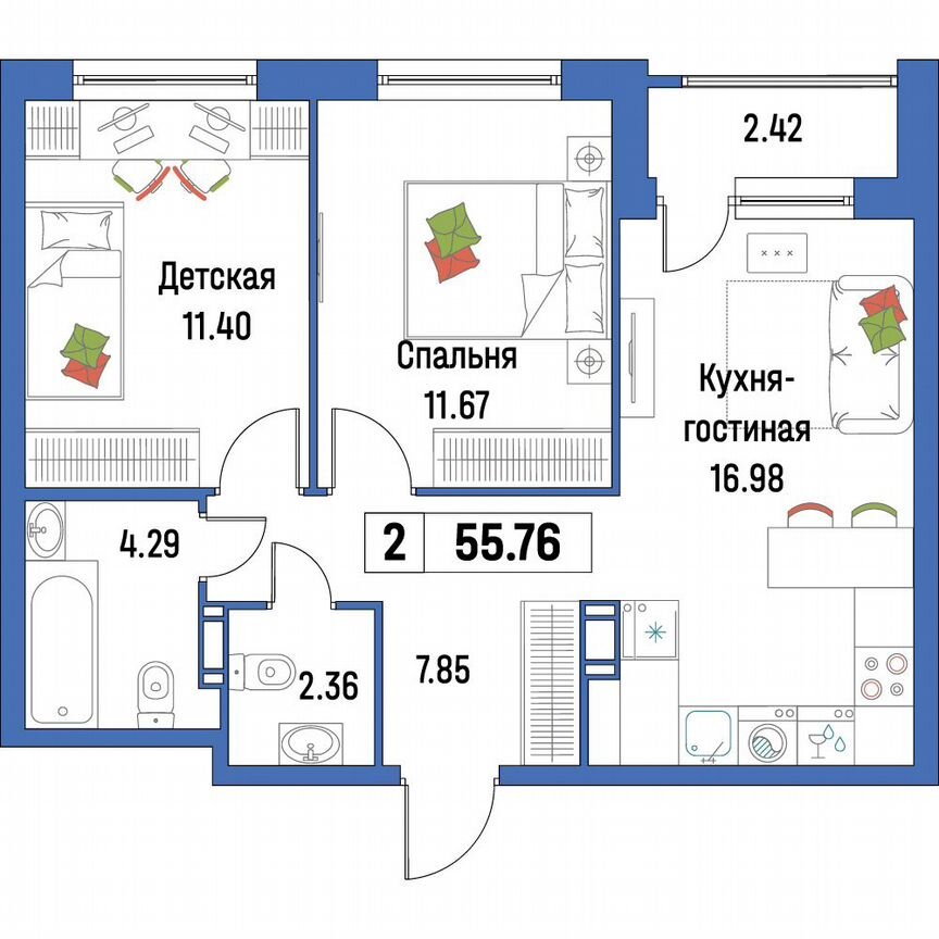 2-к. квартира, 55,8 м², 4/16 эт.