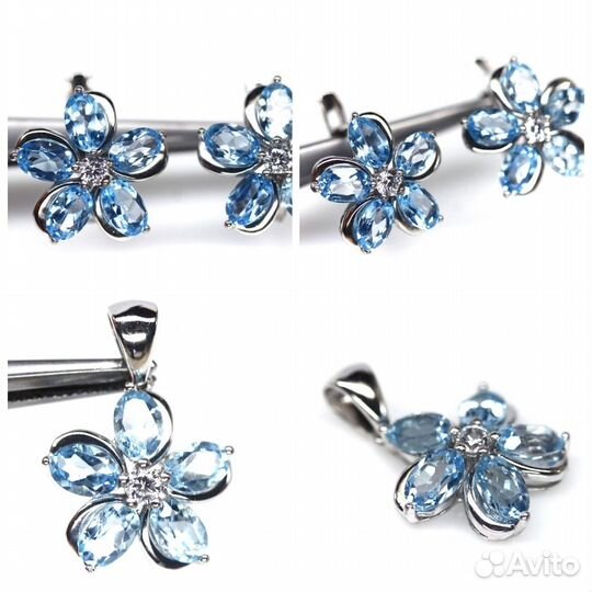 Серьги, кулон серебро голубой топаз С344