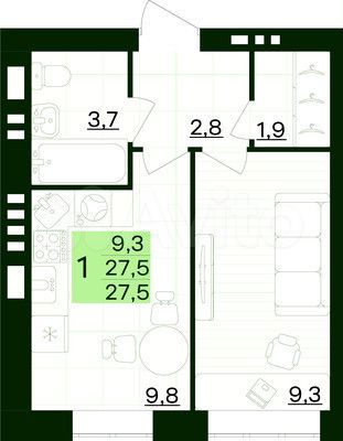 1-к. квартира, 27,5 м², 4/4 эт.