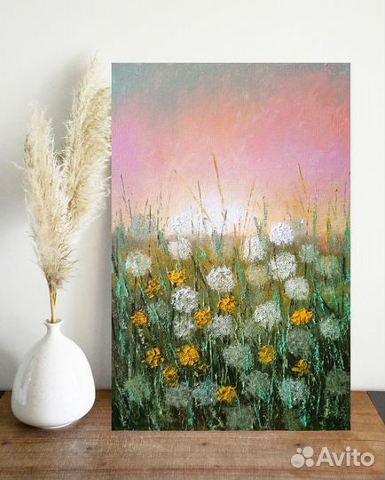 Картина маслом Одуванчики Рассвет Полевые цветы
