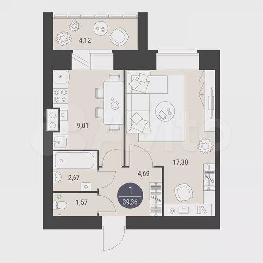 1-к. квартира, 39,4 м², 3/10 эт.