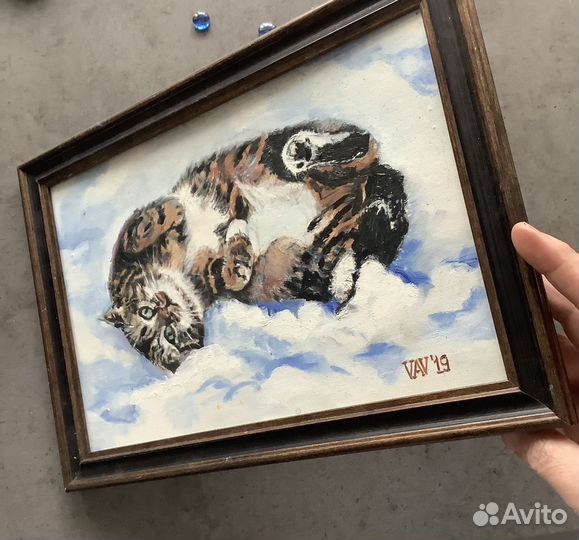 Картина маслом в раме Котик на снегу 20х30 см