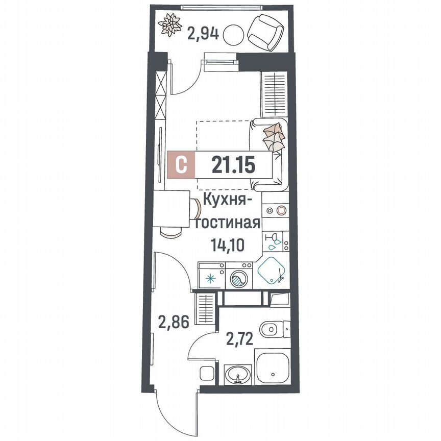 Квартира-студия, 21,2 м², 17/18 эт.