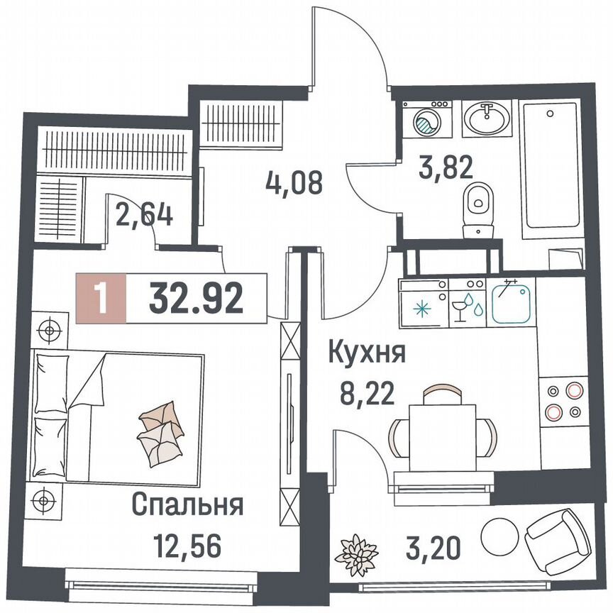 1-к. квартира, 32,9 м², 12/18 эт.