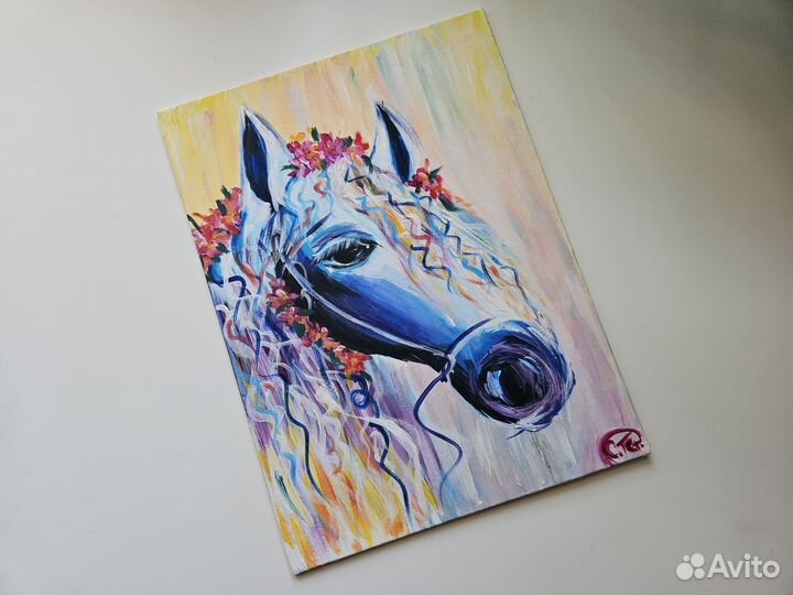 Панно картина маслом лошадь на холсте интерьерная