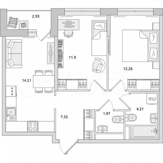 2-к. квартира, 55,3 м², 11/21 эт.