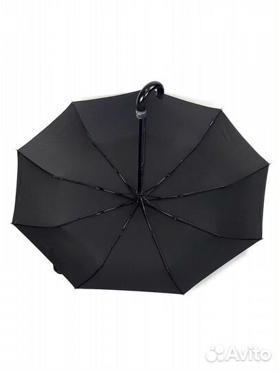 Черный складной зонт с кажаной ручкой
