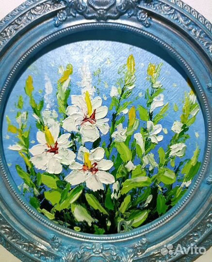 Картина маслом Цветы в рамке Круглая картина