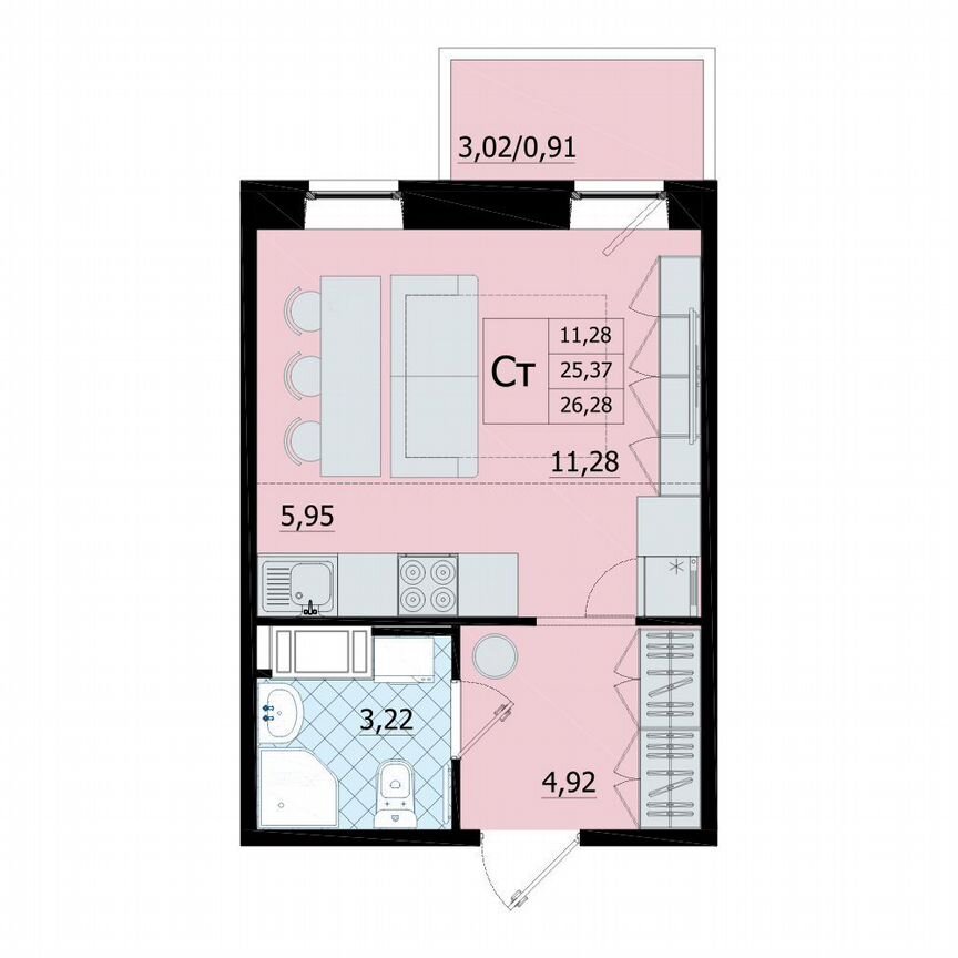 Квартира-студия, 26,3 м², 5/9 эт.